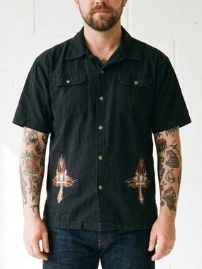 CMC Men’s Black Button Down Snap Shirt Skulls Rockabilly Bowling Pockets Size XL